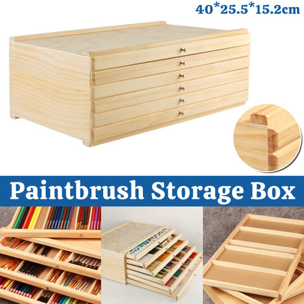 6 Tier Pine Wood Drawer Paintbrush Storage Box Art Case Organizer Artist Sketch