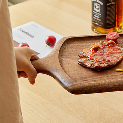 2PCS Solid Wood Steak Serving Plates with Handle Natural Cutting Board Tray