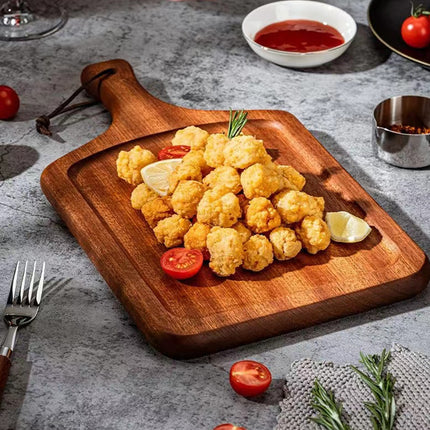 2PCS Solid Wood Steak Serving Plates with Handle Natural Cutting Board Tray