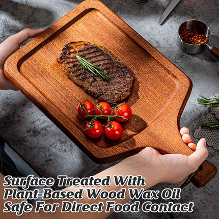 2PCS Solid Wood Steak Serving Plates with Handle Natural Cutting Board Tray