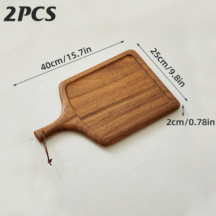 2PCS Solid Wood Steak Serving Plates with Handle Natural Cutting Board Tray