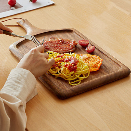 2PCS Solid Wood Steak Serving Plates with Handle Natural Cutting Board Tray