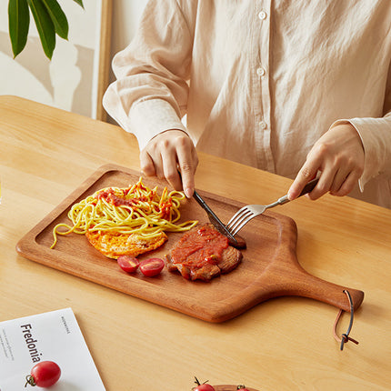 2PCS Solid Wood Steak Serving Plates with Handle Natural Cutting Board Tray