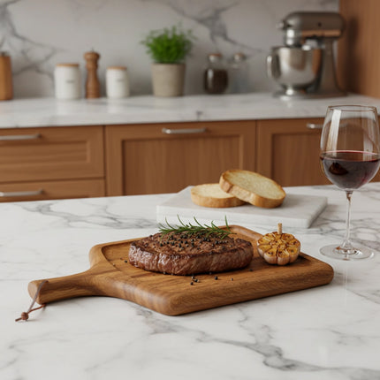 2PCS Solid Wood Steak Serving Plates with Handle Natural Cutting Board Tray