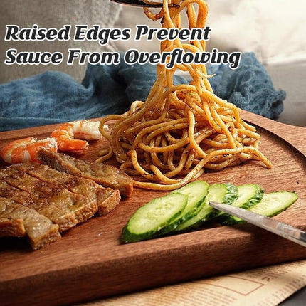 2PCS Solid Wood Steak Serving Plates with Handle Natural Cutting Board Tray