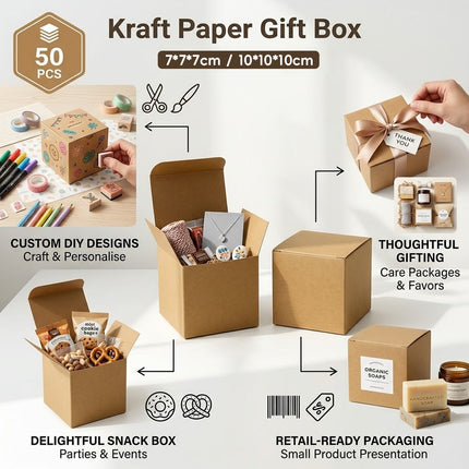 Kraft Paper Cube Gift Boxes 50 Pack 7cm or 10cm