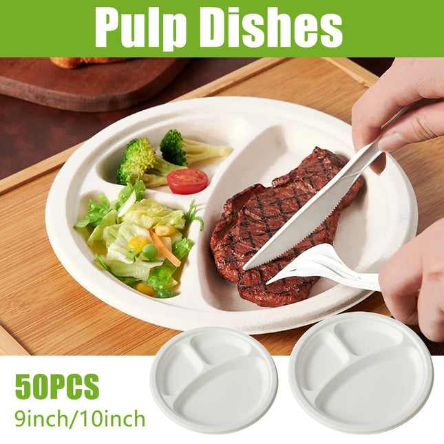 50PCS 9/10inch Pulp Plates Oil-Proof Water-Proof for Party Catering