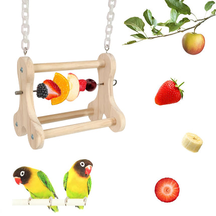 Parrot Foraging Toy Wooden Hanging Fruit Fork Stand Bird Cage Accessory Chew Toy