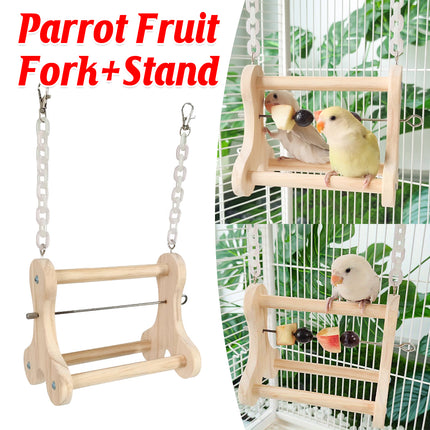 Parrot Foraging Toy Wooden Hanging Fruit Fork Stand Bird Cage Accessory Chew Toy