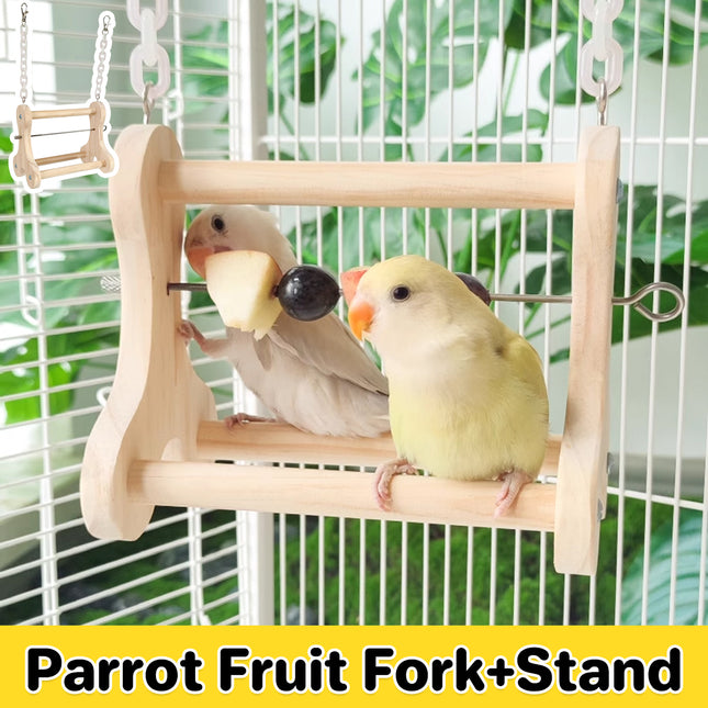 Parrot Foraging Toy Wooden Hanging Fruit Fork Stand Bird Cage Accessory Chew Toy