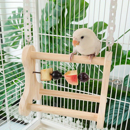 Parrot Foraging Toy Wooden Hanging Fruit Fork Stand Bird Cage Accessory Chew Toy