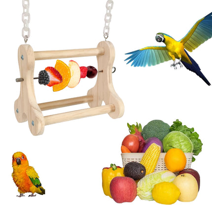 Parrot Foraging Toy Wooden Hanging Fruit Fork Stand Bird Cage Accessory Chew Toy