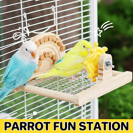 Parrot Metal Bottom Perch Stand With Tough Wood Toys Rotating Fun Interactive