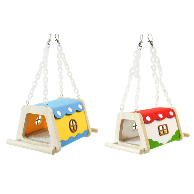 Wooden Felt Parrot Nest Hideaway with Standing Perch for Bird Cage