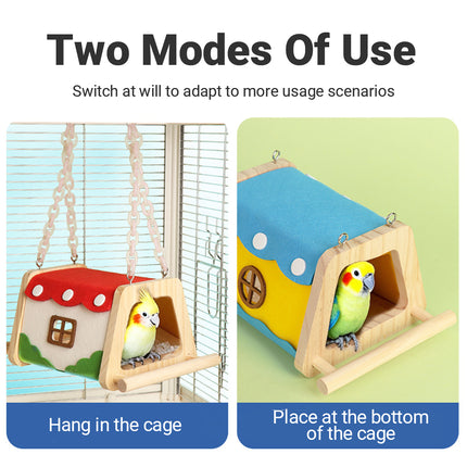 Wooden Felt Parrot Nest Hideaway with Standing Perch for Bird Cage