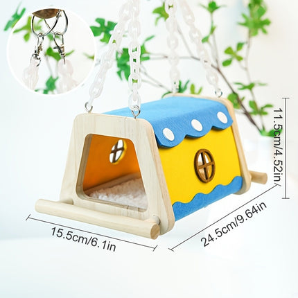 Wooden Felt Parrot Nest Hideaway with Standing Perch for Bird Cage