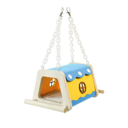 Wooden Felt Parrot Nest Hideaway with Standing Perch for Bird Cage
