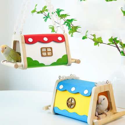 Wooden Felt Parrot Nest Hideaway with Standing Perch for Bird Cage