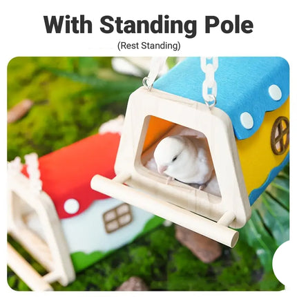 Wooden Felt Parrot Nest Hideaway with Standing Perch for Bird Cage
