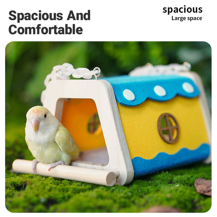 Wooden Felt Parrot Nest Hideaway with Standing Perch for Bird Cage