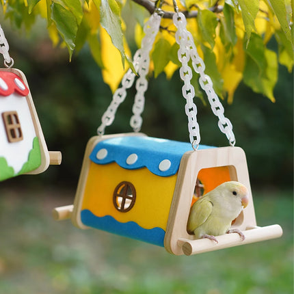 Wooden Felt Parrot Nest Hideaway with Standing Perch for Bird Cage