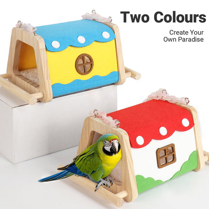 Wooden Felt Parrot Nest Hideaway with Standing Perch for Bird Cage