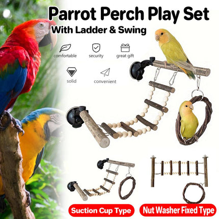 Wooden Parrot Stand Climbing Ladder Swing Toy for Birds Cage Play Accessories