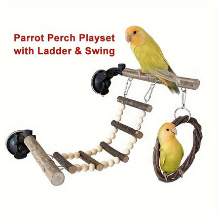 Wooden Parrot Stand Climbing Ladder Swing Toy for Birds Cage Play Accessories
