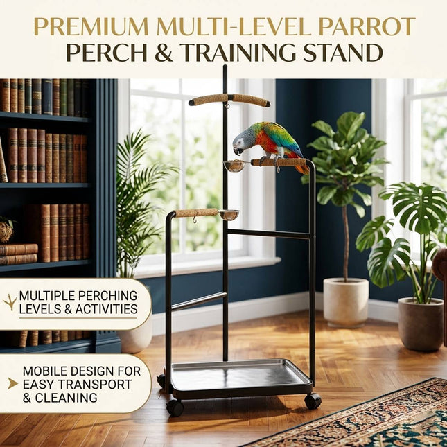 Black Multi Level Parrot Stand with Bowls Tray and Wheels