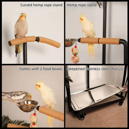 Black Multi Level Parrot Stand with Bowls Tray and Wheels