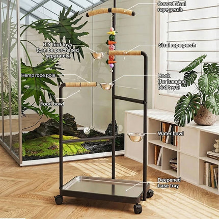 Black Multi Level Parrot Stand with Bowls Tray and Wheels