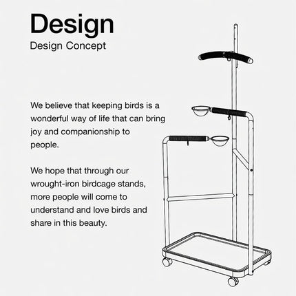 Black Multi Level Parrot Stand with Bowls Tray and Wheels