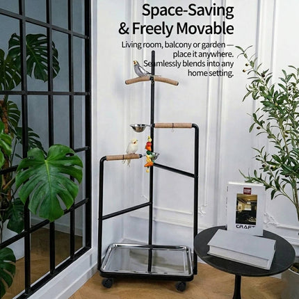 Black Multi Level Parrot Stand with Bowls Tray and Wheels