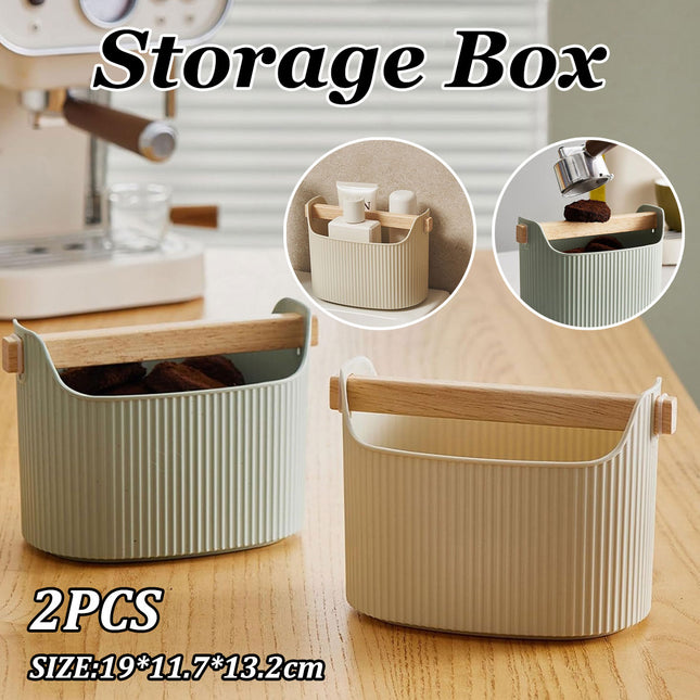 Desktop Storage Box 2PCS Ribbed Solid Wood Handle Cream Mint Home Bathroom
