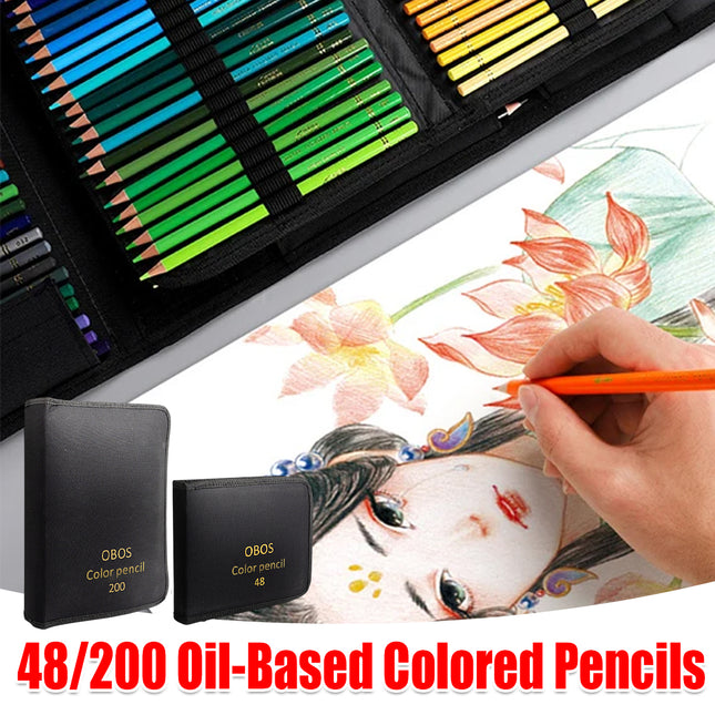 48 or 200 Colours Oil-Based Coloured Pencils Set with Case Non-Toxic