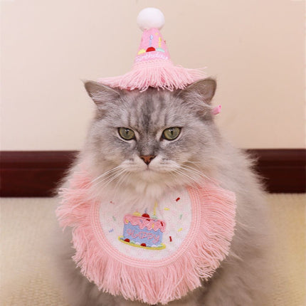 Pet Birthday Hat and Bib Set Pink Tassel Cake Bandana for Dog Cat Party Photo