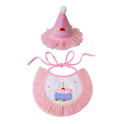 Pet Birthday Hat and Bib Set Pink Tassel Cake Bandana for Dog Cat Party Photo
