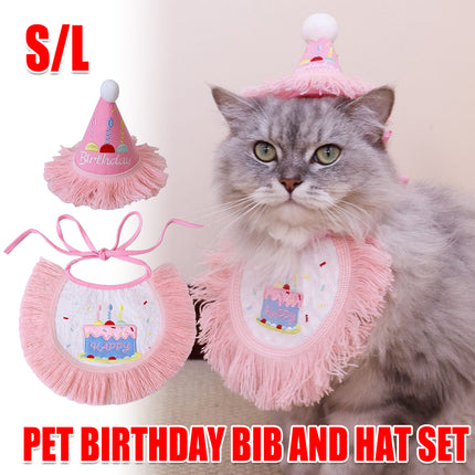 Pet Birthday Hat and Bib Set Pink Tassel Cake Bandana for Dog Cat Party Photo