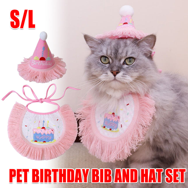 Pet Birthday Hat and Bib Set Pink Tassel Cake Bandana for Dog Cat Party Photo