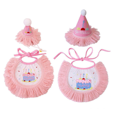 Pet Birthday Hat and Bib Set Pink Tassel Cake Bandana for Dog Cat Party Photo