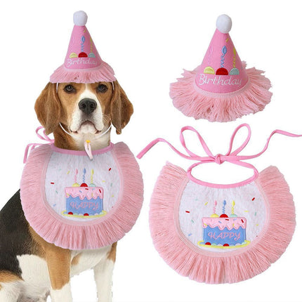 Pet Birthday Hat and Bib Set Pink Tassel Cake Bandana for Dog Cat Party Photo