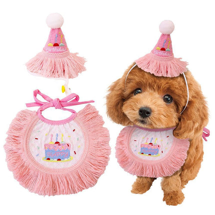 Pet Birthday Hat and Bib Set Pink Tassel Cake Bandana for Dog Cat Party Photo