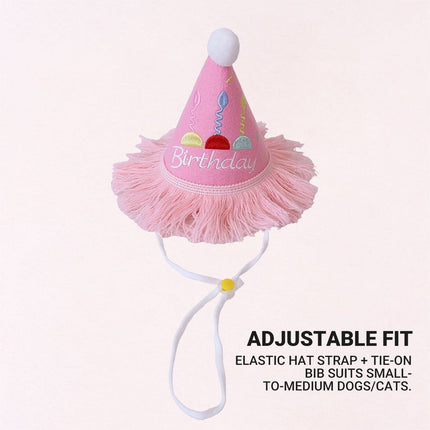 Pet Birthday Hat and Bib Set Pink Tassel Cake Bandana for Dog Cat Party Photo