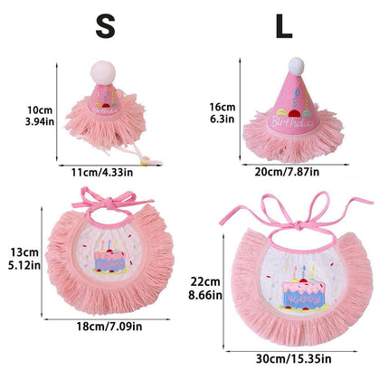 Pet Birthday Hat and Bib Set Pink Tassel Cake Bandana for Dog Cat Party Photo