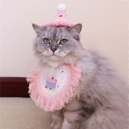 Pet Birthday Hat and Bib Set Pink Tassel Cake Bandana for Dog Cat Party Photo