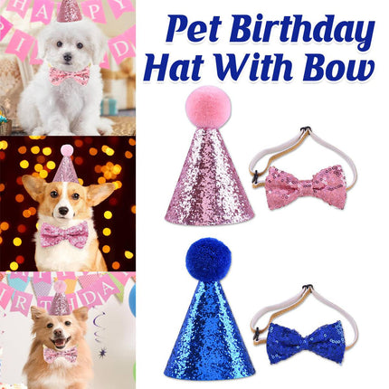 Pet Birthday Sequin Party Hat and Bow Tie Set Blue or Pink for Dog Cat Photo