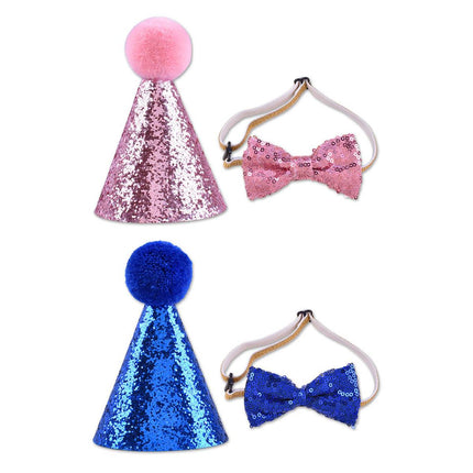 Pet Birthday Sequin Party Hat and Bow Tie Set Blue or Pink for Dog Cat Photo