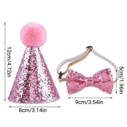 Pet Birthday Sequin Party Hat and Bow Tie Set Blue or Pink for Dog Cat Photo