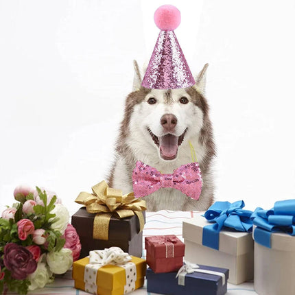 Pet Birthday Sequin Party Hat and Bow Tie Set Blue or Pink for Dog Cat Photo