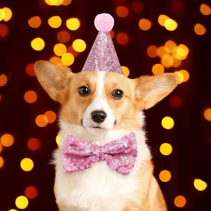 Pet Birthday Sequin Party Hat and Bow Tie Set Blue or Pink for Dog Cat Photo
